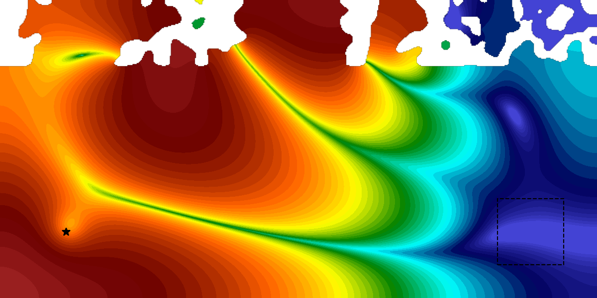 Sound pressure level in the same room with a ceiling design generated by a neural network: the target box is quiet